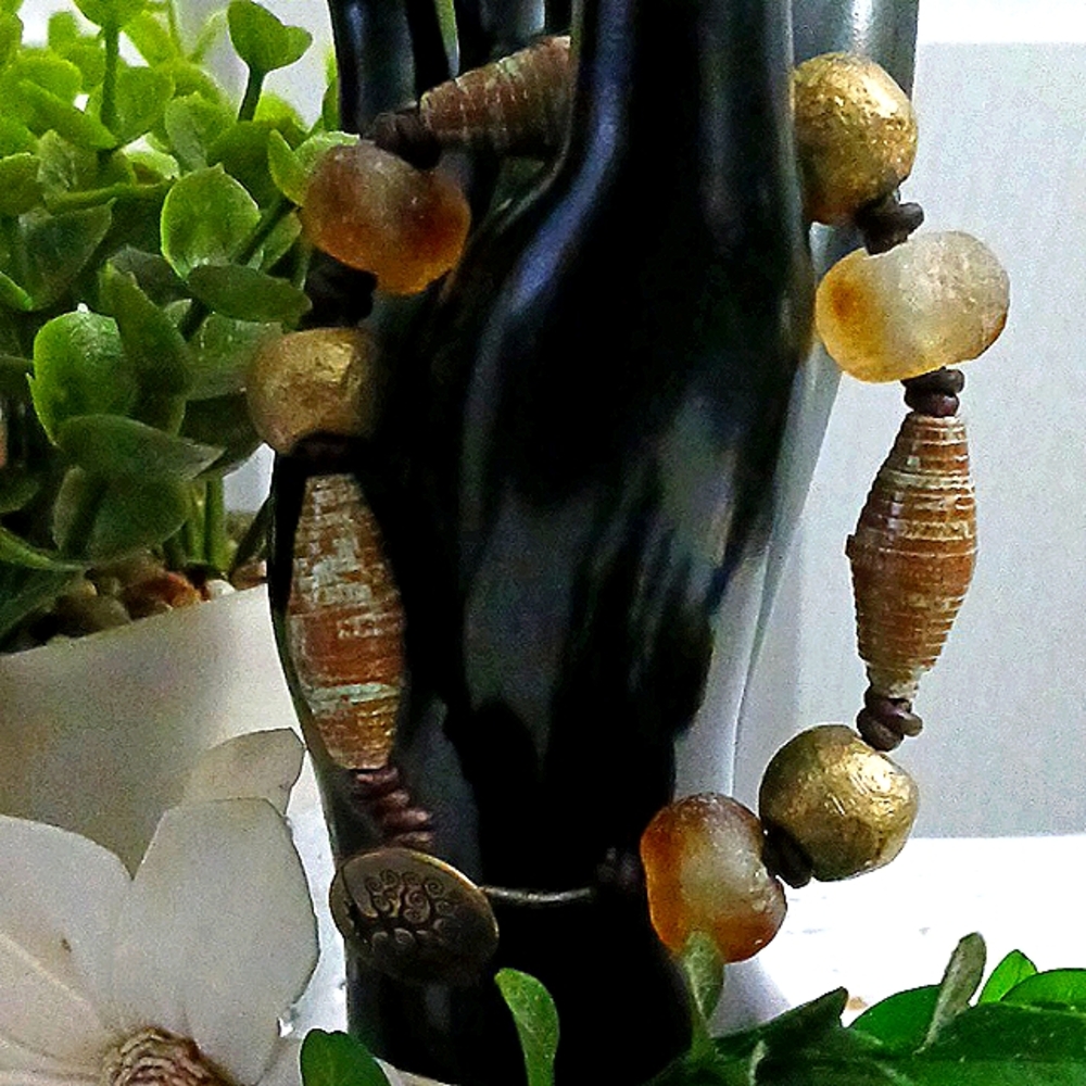 Natural Stone And Paper Beaded Bracelet.
